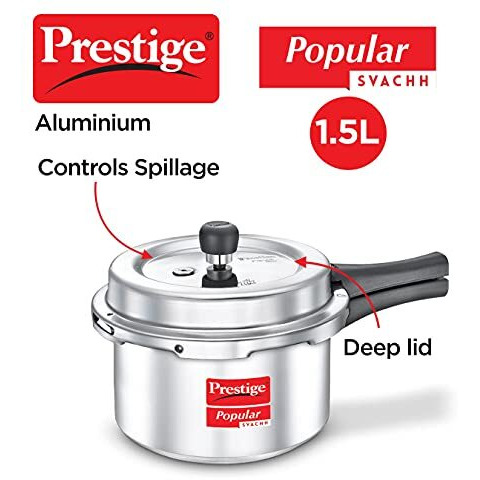 Prestige Popular Svachh Aluminium Outer Lid Pressure Cooker, 1.5 Litre - Silver, Medium (10162), 1.5 Liter