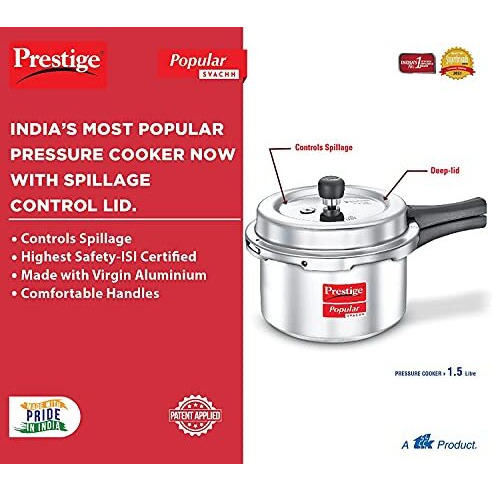Prestige Popular Svachh Aluminium Outer Lid Pressure Cooker, 1.5 Litre - Silver, Medium (10162), 1.5 Liter