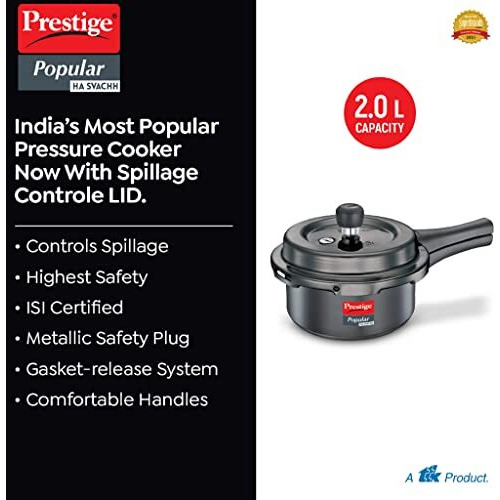 Prestige Popular Svachh Hard Anodised Pressure Cooker(2.0 L, Black, Deep Lid-Controls Spillage)