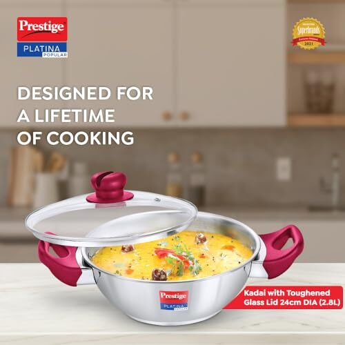 Prestige Platina Popular Stainless Steel Gas And Induction Compatible Kadhai With Glass Lid, 24 Cm, Silver