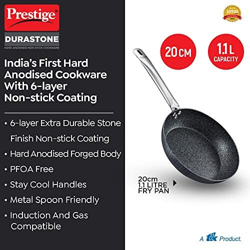 Prestige Durastone 20Cm(1.1L) Hard Anodised Non-Stick Fry Pan With 6 Layers Extra Durable Stone Finish Coating|Gas & Induction Compatible|Stay Cool Handles|Black