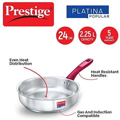 Prestige Stainless Steel Platina Popular Gas Compatible Fry Pan, 24 Cm (2.25 L) + Platina Popular Kadai With Glass Lid, 24 Cm (2.8 L) Kitchen Set Silver