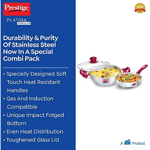 Prestige Stainless Steel Platina Popular Gas Compatible Fry Pan, 24 Cm (2.25 L) + Platina Popular Kadai With Glass Lid, 24 Cm (2.8 L) Kitchen Set Silver