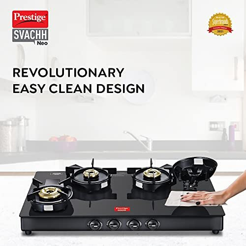 Prestige Svachh Neo Gtsn 04 L Toughened Glasstop Gas Stove With Liftable 4 Burners (Black), Open