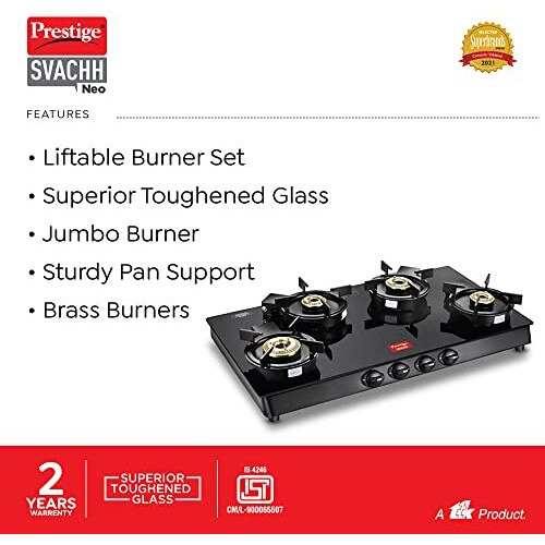 Prestige Svachh Neo Gtsn 04 L Toughened Glasstop Gas Stove With Liftable 4 Burners (Black), Open