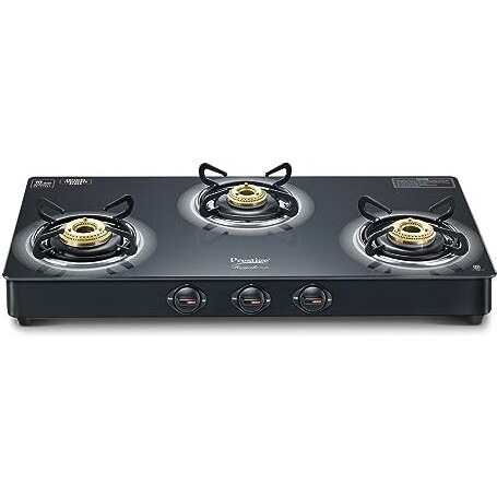 Prestige Royale Plus Gt 03L Toughened Black Glass Top Gas Stove(Manual, 3 Brass Burners, Black, Baati/Tandoor Stand Inside)