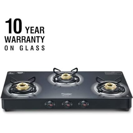 Prestige Royale Plus Gt 03L Toughened Black Glass Top Gas Stove(Manual, 3 Brass Burners, Black, Baati/Tandoor Stand Inside)