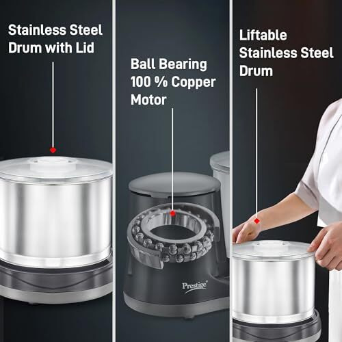 Prestige Ultima Pro 2 Litre Table Top Wet Grinder |200 Watts Heavy Duty Motor|Coconut Scraper Attachment|Atta Kneader Attachment|Stainless Steel Drum|2 Years Warranty|Silver & Black