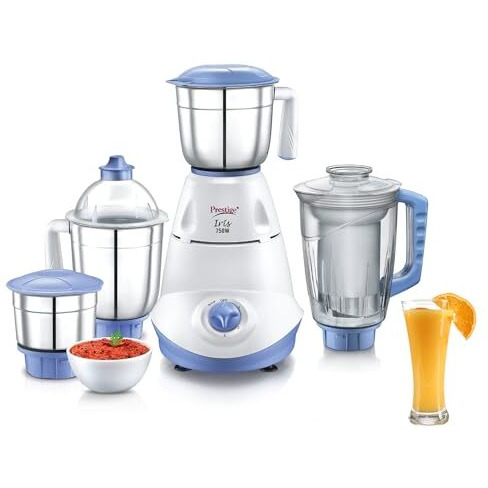 Prestige Iris 750 Watt Mixer Grinder With 3 Stainless Steel Jar + 1 Juicer Jar (White And Blue)