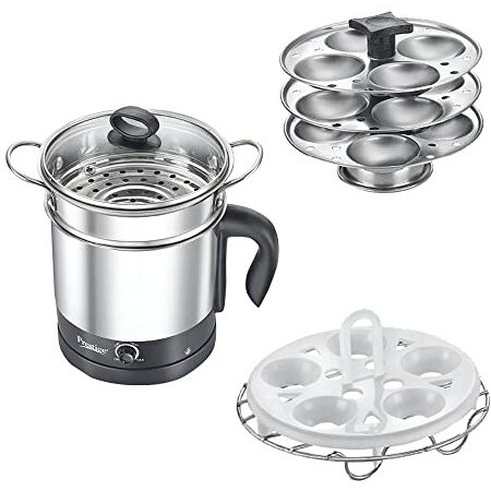 Prestige 1.5L Pmc 3.0 Plus Multi Kettle/Multi Cooker|Comes With Idli Stand, Egg Boiling Rack & Steamer| Glass Lid With Stainless Steel Rim|Temperature Control |Power Indicator (Silver, Black)