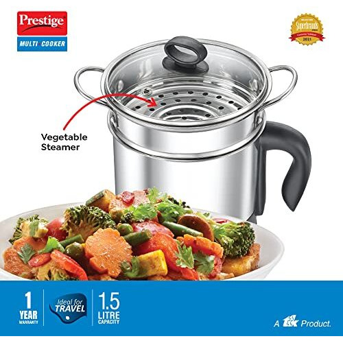 Prestige 1.5L Pmc 3.0 Plus Multi Kettle/Multi Cooker|Comes With Idli Stand, Egg Boiling Rack & Steamer| Glass Lid With Stainless Steel Rim|Temperature Control |Power Indicator (Silver, Black)