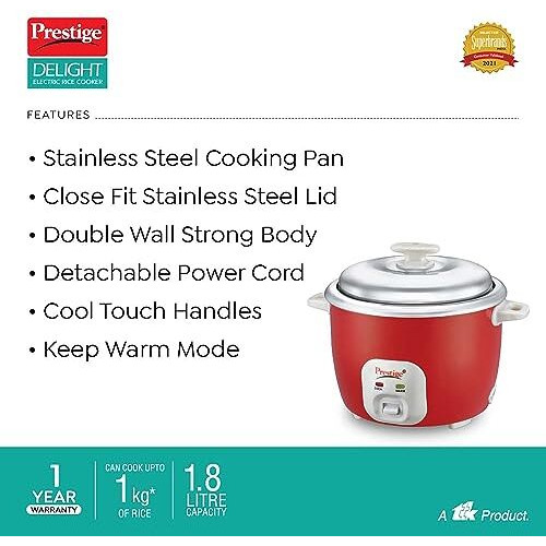 Prestige Delight Cute 1.8 Ss Bowl Electric Rice Cooker(1.8L For Rice-Open Type, Silky Red, With Stainless Steel Cooking Pan 4.4L Volume,700 W)