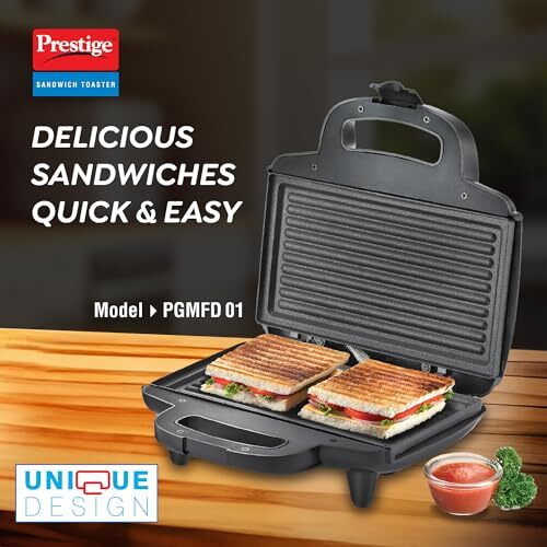 Prestige 800W Sandwich Maker (Pgmfd 01)| Black | Heat Resistant Bakelite Body |Non-Stick Coating | Power Indicators | Oil Free Toasting