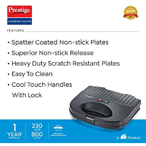 Prestige Pgfsp - Spatter Coated Non-Stick Sandwich Toasters With Fixed Grill Plate, Black
