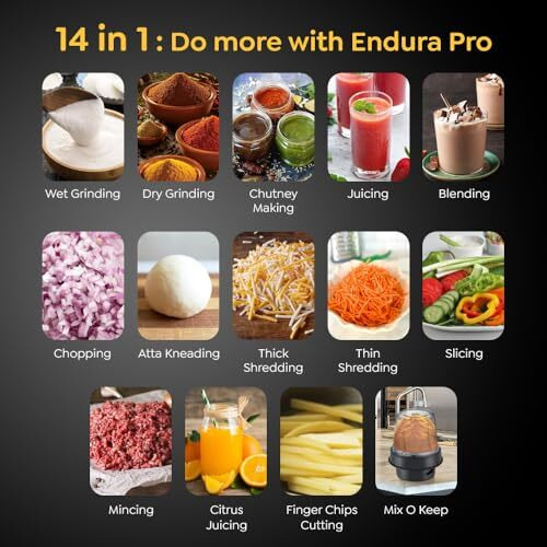 Prestige Endura Pro 1000W Multi Functional Mixer Grinder With Ball Bearing Technology|6 Jars With Food Processing Attachments |14 Different Functionalities|Black & Silver - 1000 Watts