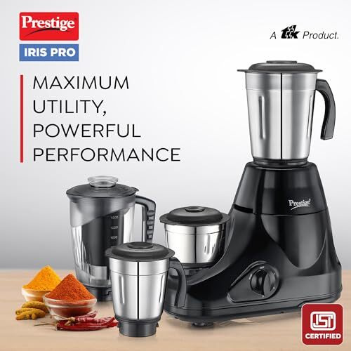 Prestige Iris Pro 750 Watts Mixer Grinder With 4 Jars (3 Stainless Steel Jars + 1 Juicer Jar)|4 Super-Efficient Stainless Blades |Jar Storage Space Sturdy Handles |2 Years Warranty |Black