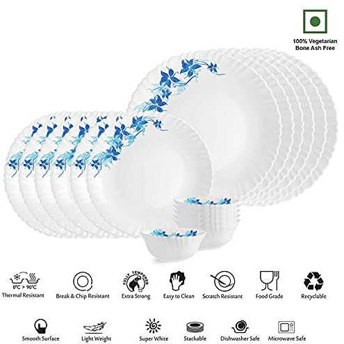 Cello Opalware Dazzle Series Blue Swirl Dinner Set, 18 Units | Opal Glass Dinner Set For 6 | Light-Weight, Daily Use Crockery Set For Dining | White Plate And Bowl Set