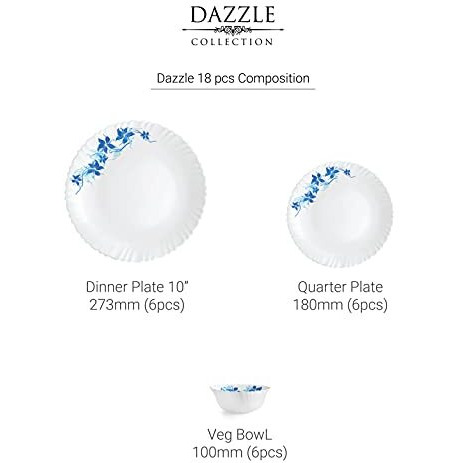 Cello Opalware Dazzle Series Blue Swirl Dinner Set, 18 Units | Opal Glass Dinner Set For 6 | Light-Weight, Daily Use Crockery Set For Dining | White Plate And Bowl Set