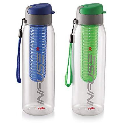 Cello Infuse Plastic Water Bottle, 800 Ml, Blue/Green, Set Of 2 | Detox Bottle With Infuser Chamber | Leakproof Plastic Bottle With Wide Mouth Opening | Ideal For Gym, Office, Travel