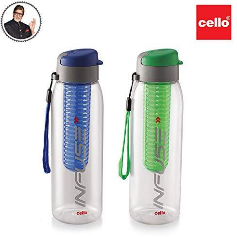 Cello Infuse Plastic Water Bottle, 800 Ml, Blue/Green, Set Of 2 | Detox Bottle With Infuser Chamber | Leakproof Plastic Bottle With Wide Mouth Opening | Ideal For Gym, Office, Travel