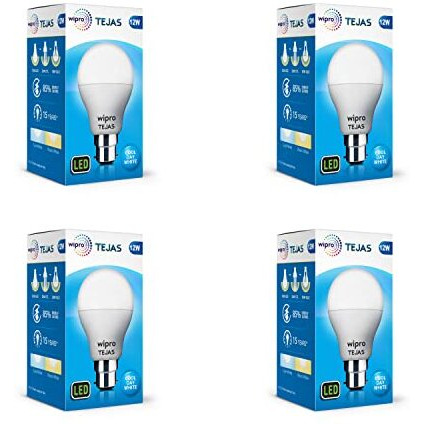 Wipro Tejas 12W Led Bulb For Home & Office |B22 Led Bulb Base |Cool Day White Light (6500K) |4Kv Surge Protection |High Voltage Protection |Eco Friendly Energy Efficient | Pack Of 4