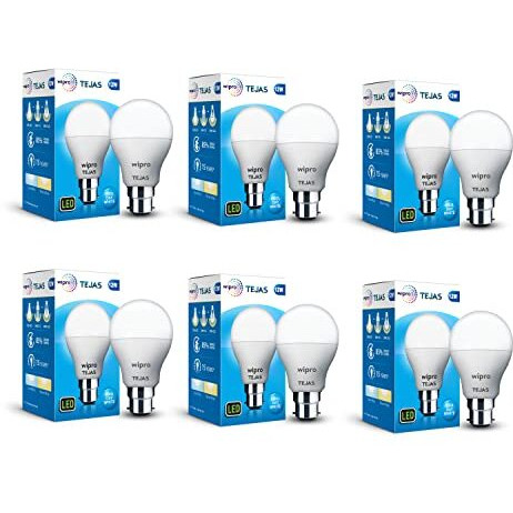 Wipro Tejas 12W Led Bulb For Home & Office |B22 Led Bulb Base |Cool Day White Light (6500K) |4Kv Surge Protection |High Voltage Protection |Eco Friendly Energy Efficient | Pack Of 6