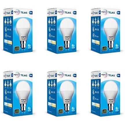 Wipro Tejas 12W Led Bulb For Home & Office |B22 Led Bulb Base |Cool Day White Light (6500K) |4Kv Surge Protection |High Voltage Protection |Eco Friendly Energy Efficient | Pack Of 6