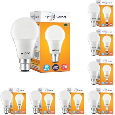Wipro Garnet 10W Led Bulb For Home & Office |Cool Day White (6500K) | B22 Base|220 Degree Light Coverage |4Kv Surge Protection |400V High Voltage Protection |Energy Efficient | Pack Of 8