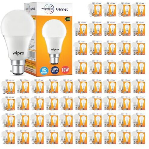 Wipro Garnet 10W Led Bulb For Home & Office |Cool Day White (6500K) | B22 Base|220 Degree Light Coverage |4Kv Surge Protection |400V High Voltage Protection |Energy Efficient | Pack Of 60