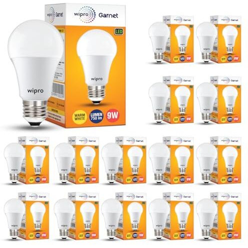 Wipro Garnet 9W Led Bulb For Home & Office |Warm White (2700K) | E27 Base|220 Degree Light Coverage |4Kv Surge Protection |400V High Voltage Protection |Energy Efficient | Pack Of 15