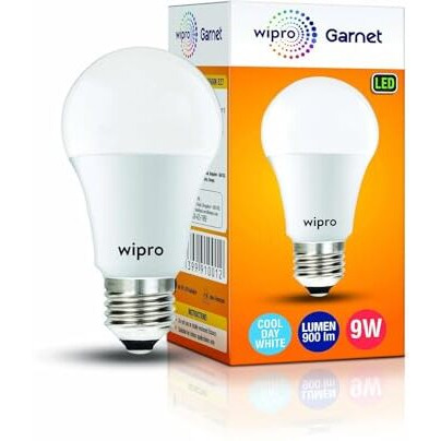 Wipro Garnet 9W Led Bulb For Home & Office |Cool Day White (6500K) | E27 Base|220 Degree Light Coverage |4Kv Surge Protection |400V High Voltage Protection |Energy Efficient | Pack Of 15