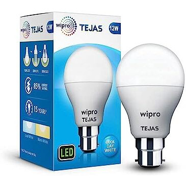 Wipro Tejas 12W Led Bulb For Home & Office |B22 Led Bulb Base |Cool Day White Light (6500K) |4Kv Surge Protection |High Voltage Protection |Eco Friendly Energy Efficient | Pack Of 15