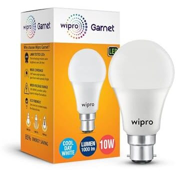 Wipro Garnet 10W Led Bulb For Home & Office |Cool Day White (6500K) | B22 Base|220 Degree Light Coverage |4Kv Surge Protection |400V High Voltage Protection |Energy Efficient | Pack Of 15