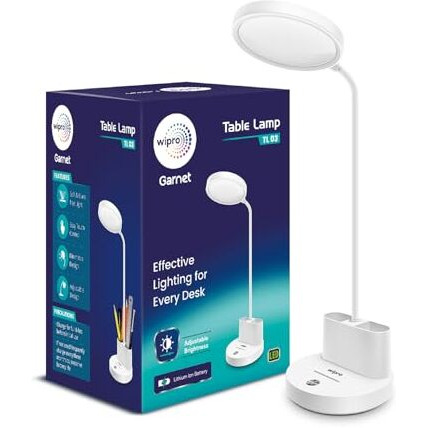 Wipro Abs 5W Rechargable Table Lamp 3 Grade Dimming (Tl3), Usb-C Charging|Led Portable Desk Lamp For Study With Pen Stand|Easy Touch Control|Glare Free Lighting |Adjustable Light Head|Pack Of 1