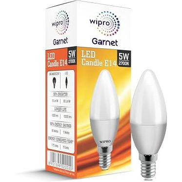 Wipro Garnet 5 W E14 Base Frosted Candle Led Bulb | Warm White (2700K) | Pack Of 1 | Clear Optics For Sparkling Effect | Led Filament Bulb For Home, Office, Chandellior, Decorative Lamp Shade