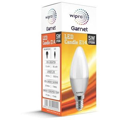 Wipro Garnet 5 W E14 Base Frosted Candle Led Bulb | Warm White (2700K) | Pack Of 1 | Clear Optics For Sparkling Effect | Led Filament Bulb For Home, Office, Chandellior, Decorative Lamp Shade