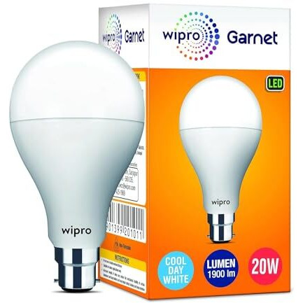Wipro Garnet 20W Led Bulb For Home & Office |Cool Day White (6500K) | B22 Base|220 Degree Light Coverage |4Kv Surge Protection |400V High Voltage Protection |Energy Efficient | Pack Of 1