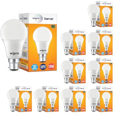 Wipro Garnet 10W Led Bulb For Home & Office |Cool Day White (6500K) | B22 Base|220 Degree Light Coverage |4Kv Surge Protection |400V High Voltage Protection |Energy Efficient | Pack Of 10