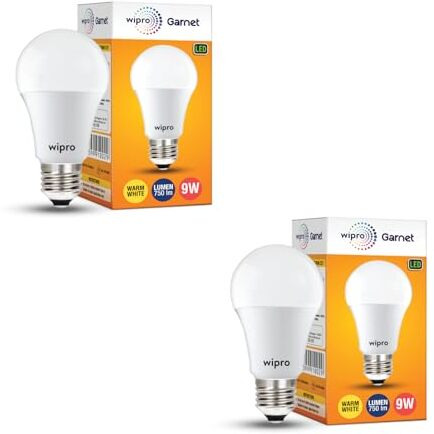 Wipro Polycarbonate Garnet Base E27 9 Watts Led Bulb (Pack Of 2, Warm White)