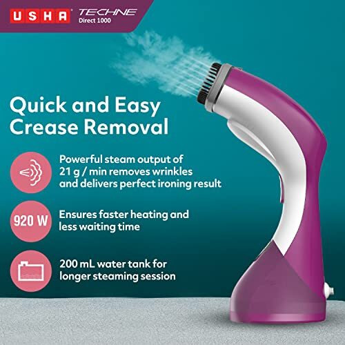 Usha Techne Direct 1000 Garment Steamer- Vertical Steaming, 920 Watts, Up To 21 G/Min (Purple & White)