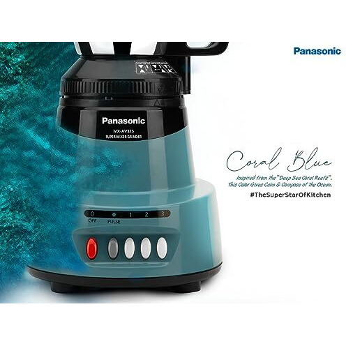 Panasonic 1500W Mixer Grinder With 3 Stainless Steel Jars Set, (Coral Blue) Mx-Av325 | Elements Series With Ss304 Grade Stainless Steel Blade