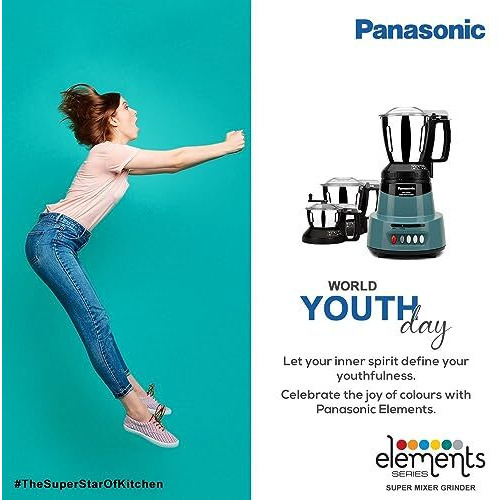 Panasonic 1500W Mixer Grinder With 3 Stainless Steel Jars Set, (Coral Blue) Mx-Av325 | Elements Series With Ss304 Grade Stainless Steel Blade