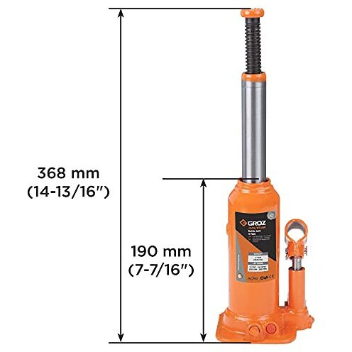 Groz 4 Ton Hydraulic Bottle Jack With Load Limiting Device | Ideal For Use Muvs, Compact Suvs, Mini Trucks, Lcvs| Portable | Leak-Proof| Forged Base| Lifting Range 190  368 Mm| Jack/Bt/4W/Amz