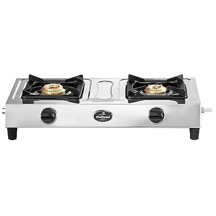 Sunflame Smart 2 Burner Stainless Steel Gas Stove | 1 Medium And 1 Small Brass Burners | 2-Years Product Coverage By Sunflame | Manual Ignition L Euro-Coated Pan Support | Pan India Presence | Silver