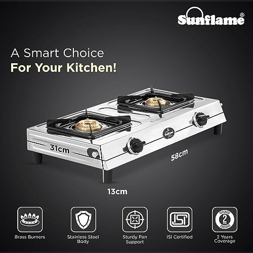 Sunflame Smart 2 Burner Stainless Steel Gas Stove | 1 Medium And 1 Small Brass Burners | 2-Years Product Coverage By Sunflame | Manual Ignition L Euro-Coated Pan Support | Pan India Presence | Silver