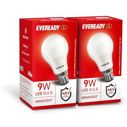 Eveready 9W Led Bulb, Cool Day Light (6500K), B22 Base, Energy-Efficient, 4Kv Surge Protection, Long-Lasting Durability - Pack Of 2