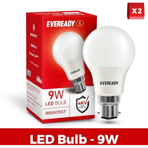 Eveready 9W Led Bulb, Cool Day Light (6500K), B22 Base, Energy-Efficient, 4Kv Surge Protection, Long-Lasting Durability - Pack Of 2