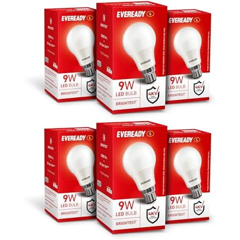 Eveready 9W Led Bulb, Cool Day Light (6500K), B22 Base, Energy-Efficient, 4Kv Surge Protection, Long-Lasting Durability - Pack Of 6