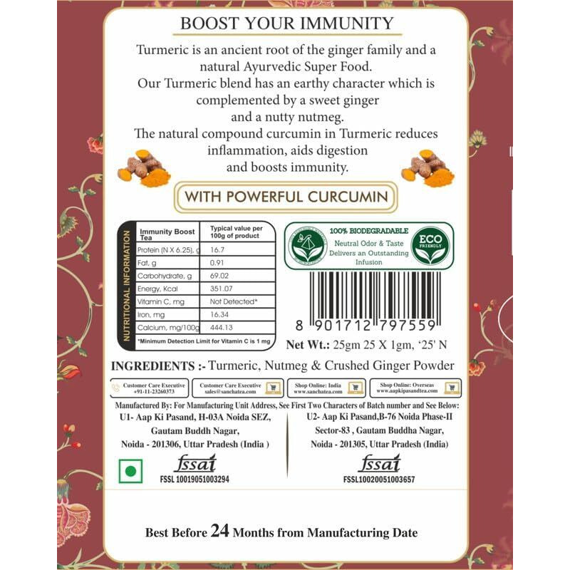 Sancha Tea Boutique, Immunity Boost, 25 Pyramid Tea Bags, Superfood Turmeric Blend, Caffeine Free Herbal Tisane