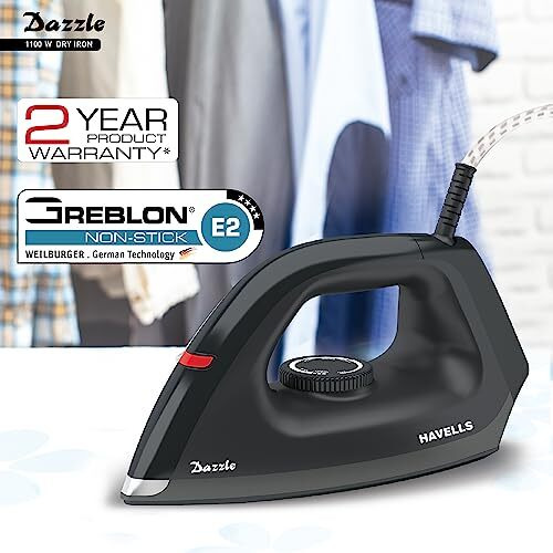 Havells Dry Iron Dazzle 1100 Watts, Iron Press, Greblon Non Sick Sole Plate With German Technology, Shock Proof Body, Aerodynamic Design, 360 Swivel Cord, 2 Year Manufacturer Warranty (Black) Plastic